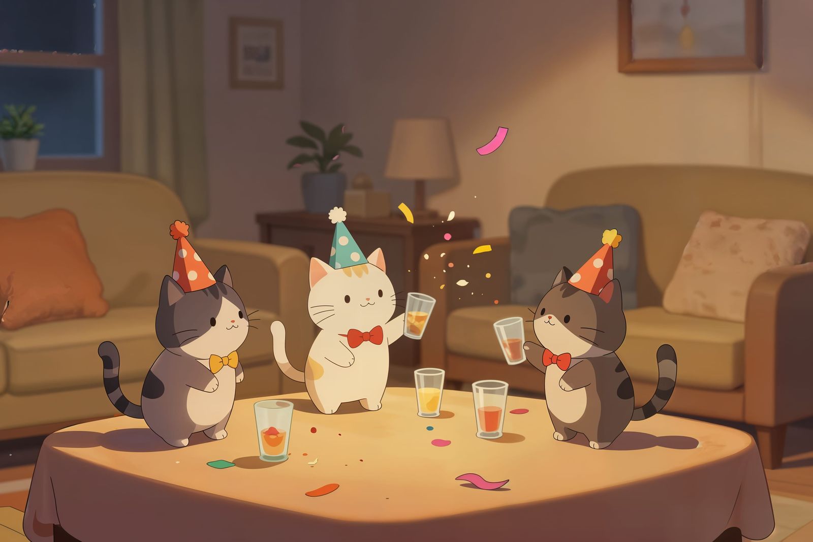 Cats Celebrate New Year's Eve in Cozy Living Room