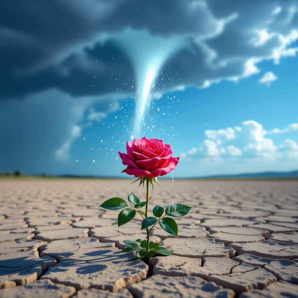 Lonely Rose Receives Rainfall in Arid Landscape