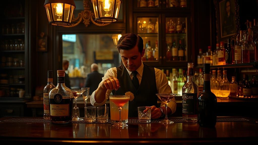 A bartender mixes a cocktail behind a dimly lit bar in a 192...