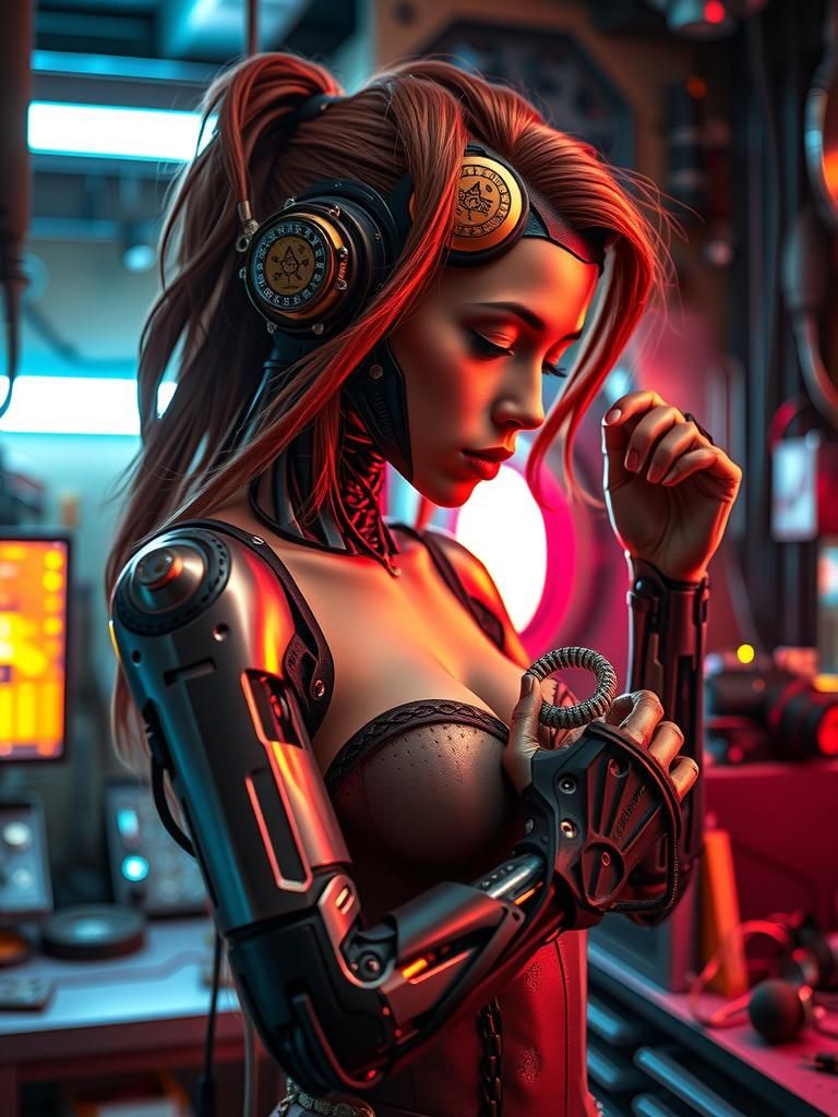 Cyborg Woman Repairs Herself in Neon Cyberpunk Lab