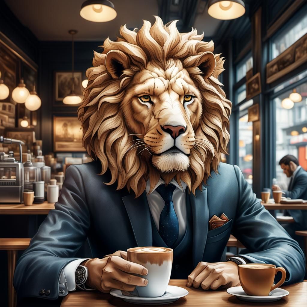 Lion-Headed Businessman in Cafe: Photorealistic Portrait