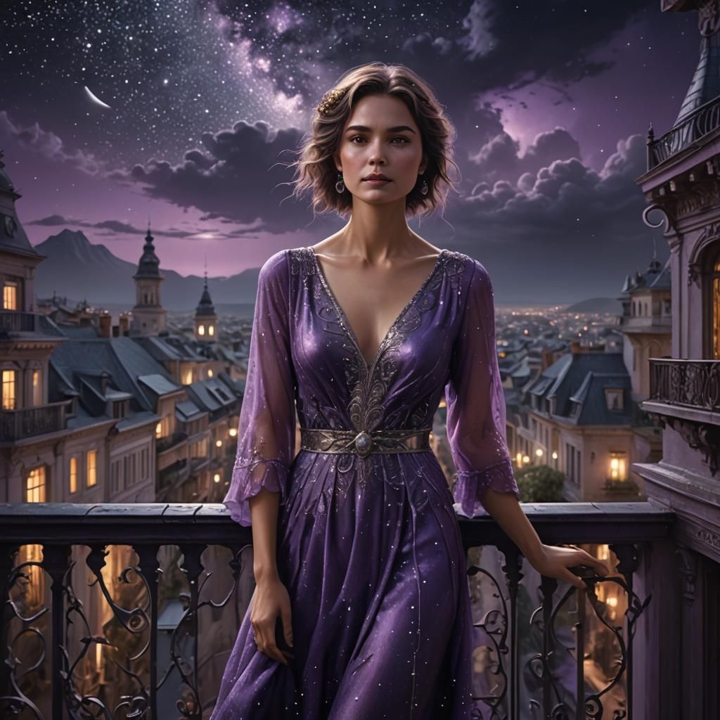Peaceful Woman on Balcony Under Night Sky