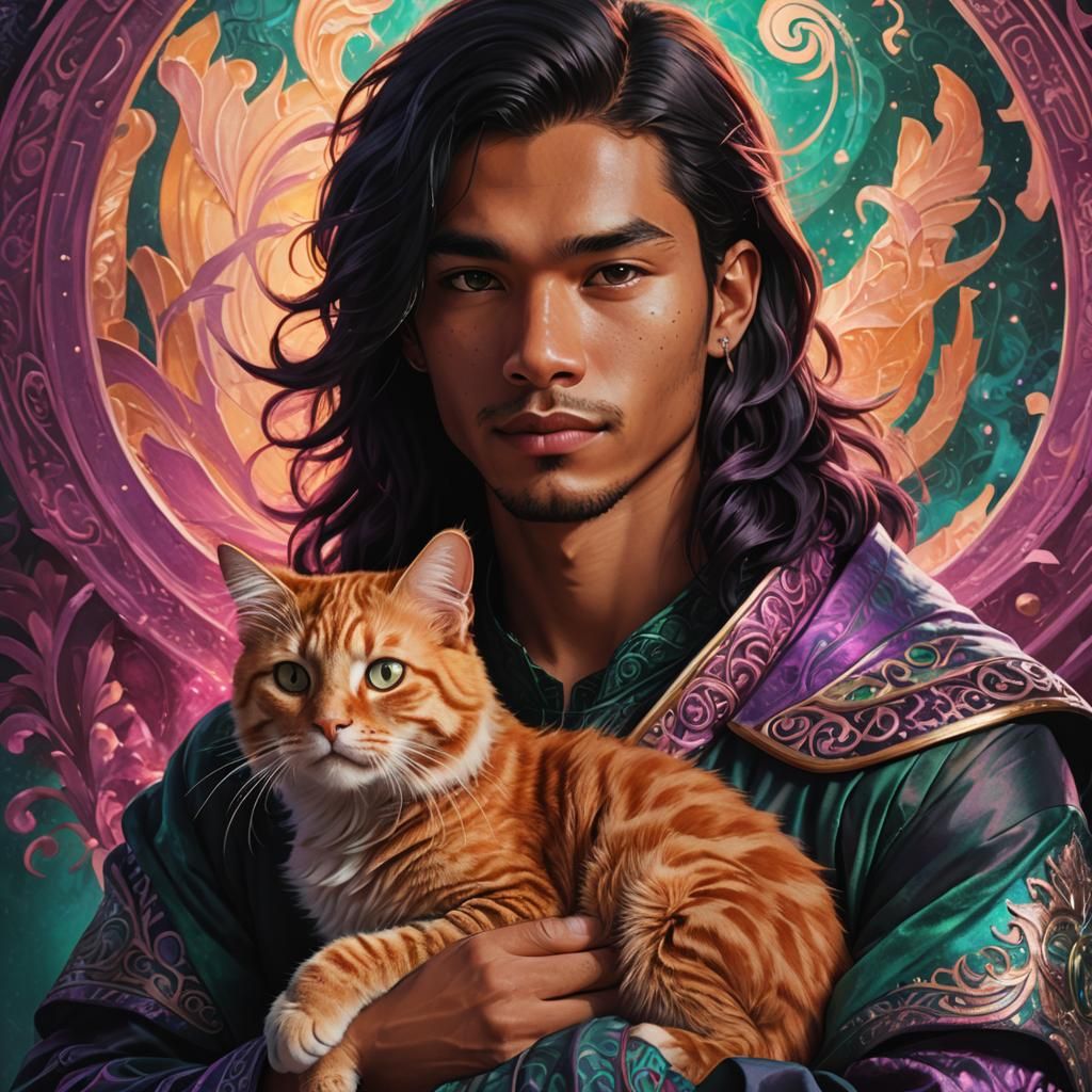 Ginger Tabby Cat Held By Young Man: Fantasy Art