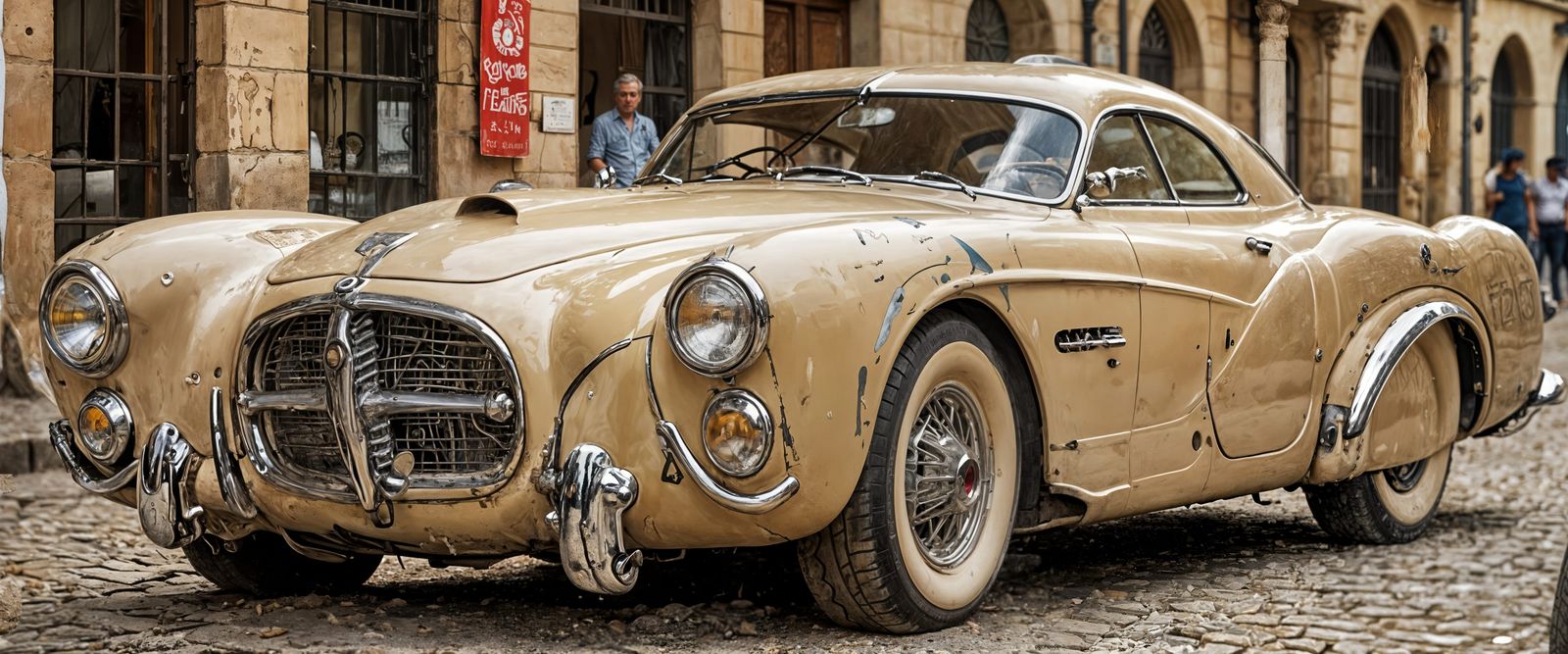 Large Beige and Brown Coupe Car in 1950s Style