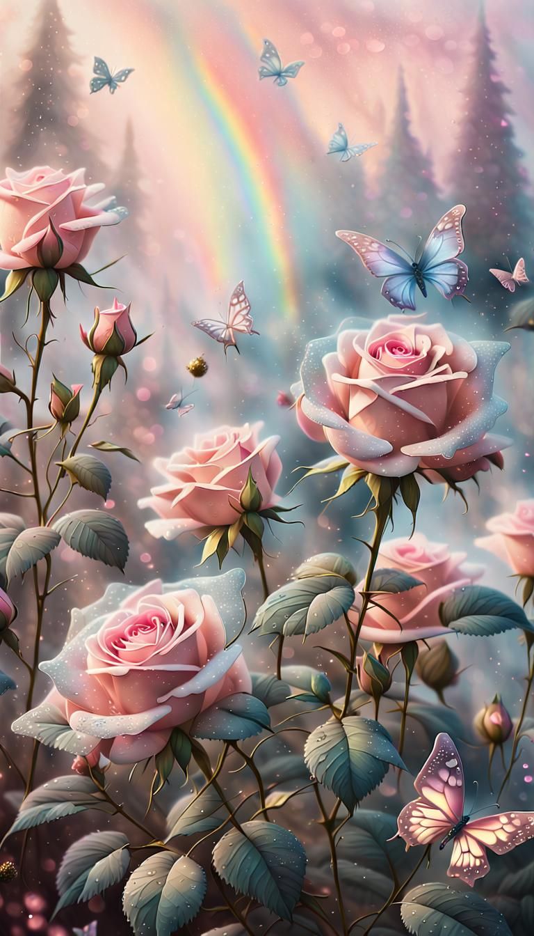 Sparkling Roses and Butterflies in Ethereal Fantasy