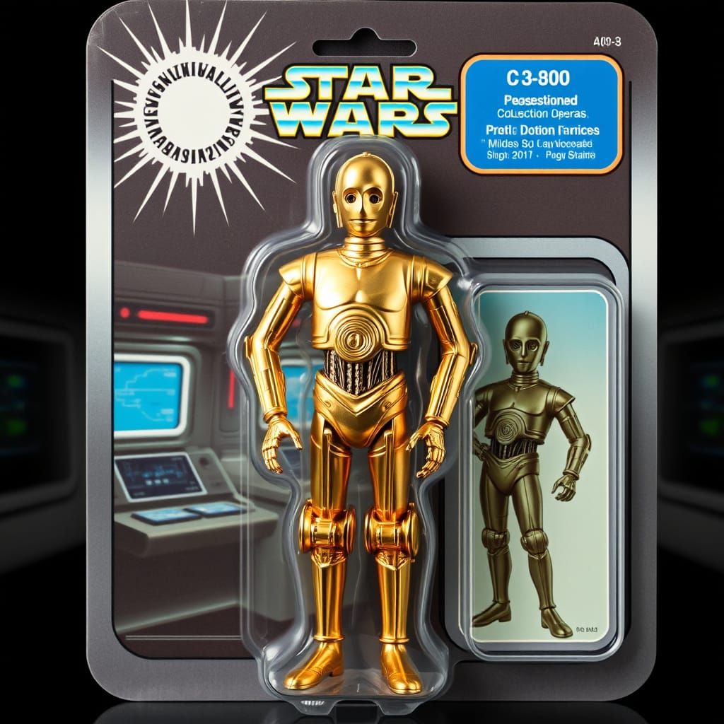 Golden Protocol Droid Collectible Box Art in Retro Sci-Fi St...