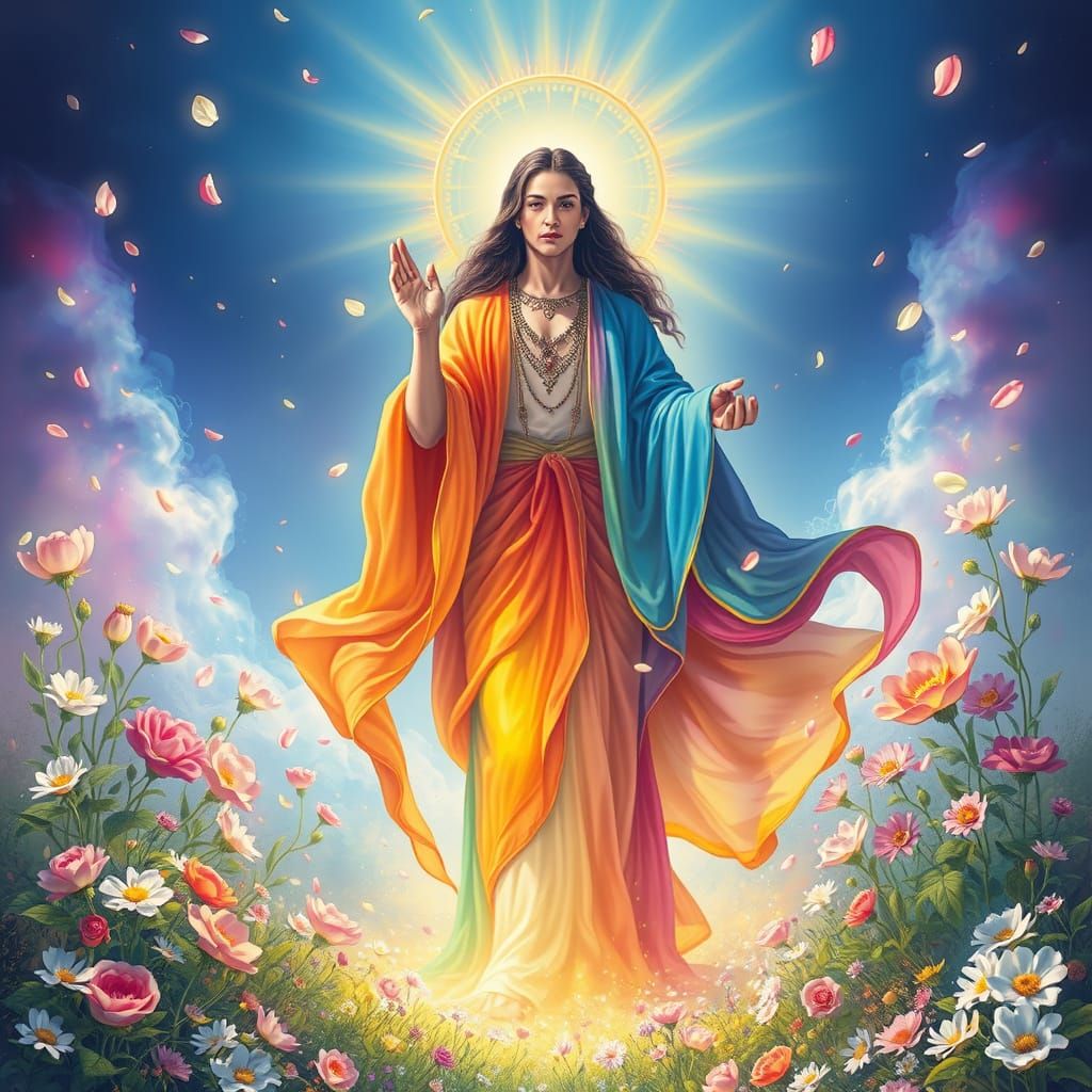Divine Rainbow Figure in Sacred Blossom Garden