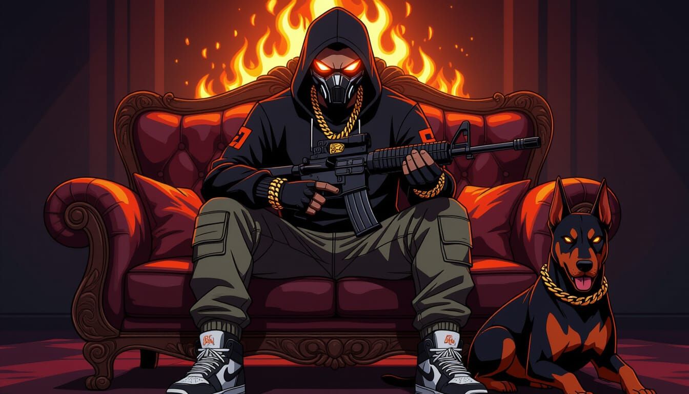 Confident Anime Character on Mafia Sofa