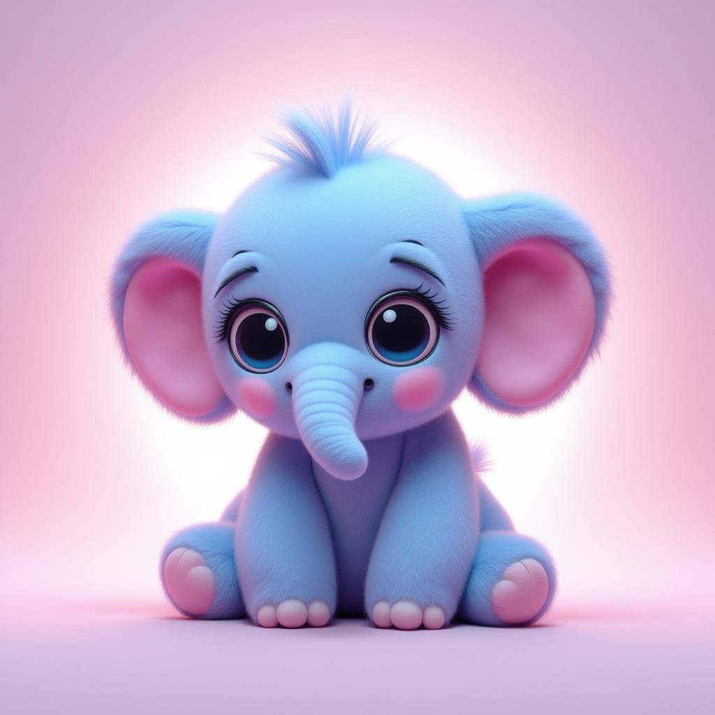 Kawaii Blue Plush Elephant With Anime Eyes in 3D Render