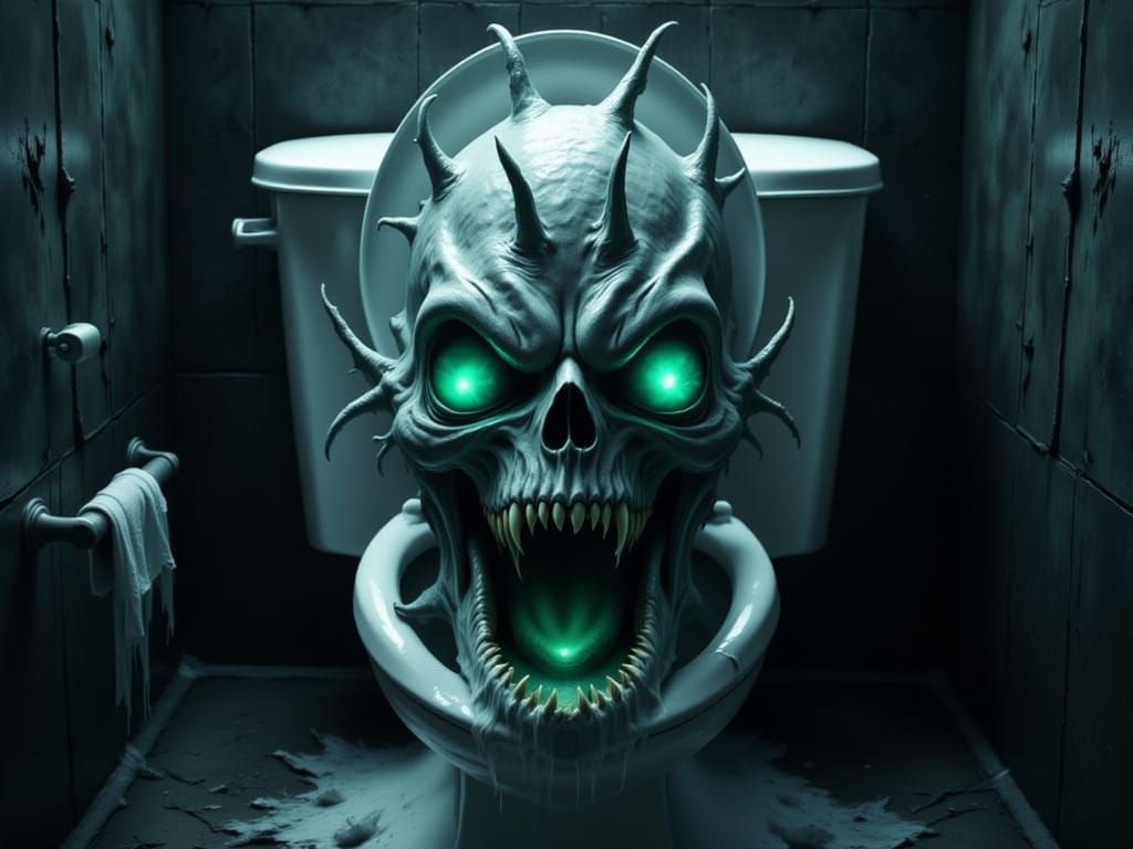 Menacing Toilet Monster with Glowing Eyes in Cyberpunk Style