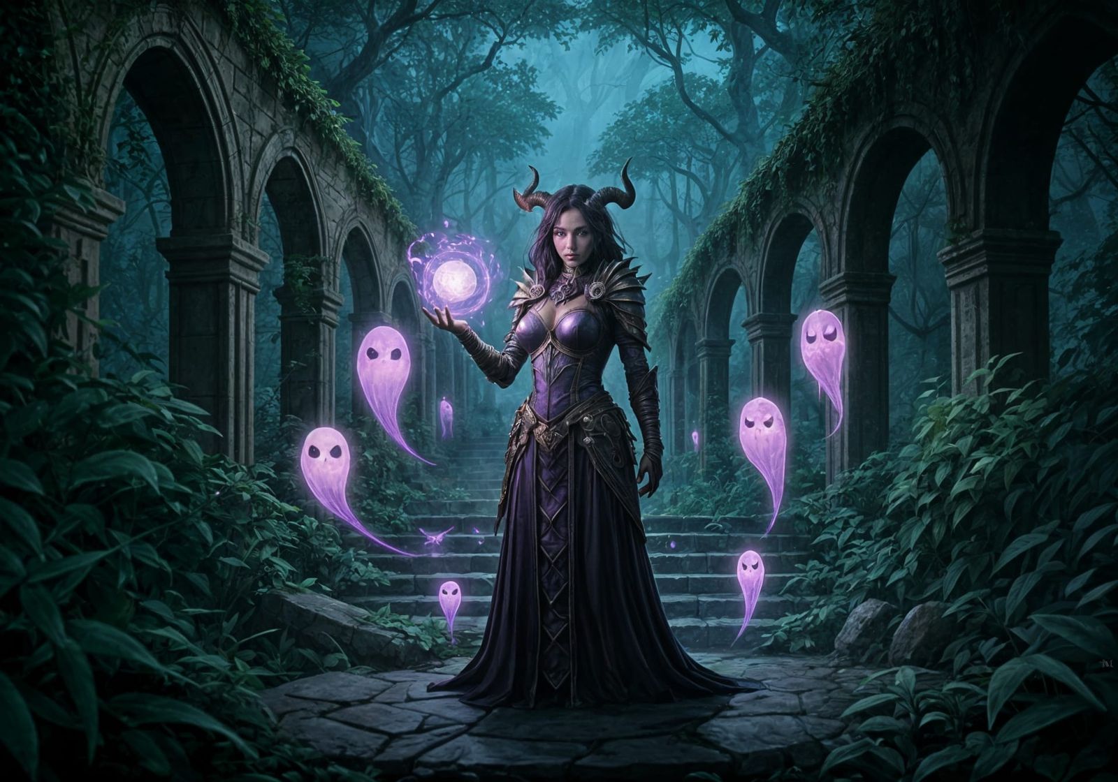 Mystical Wizard with Cute Ghosts in Digital Art