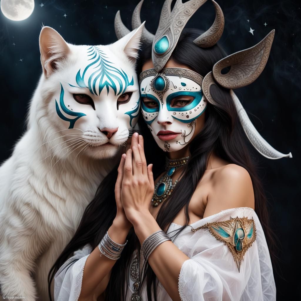 Mystical Star Family with White Cat and Shaman