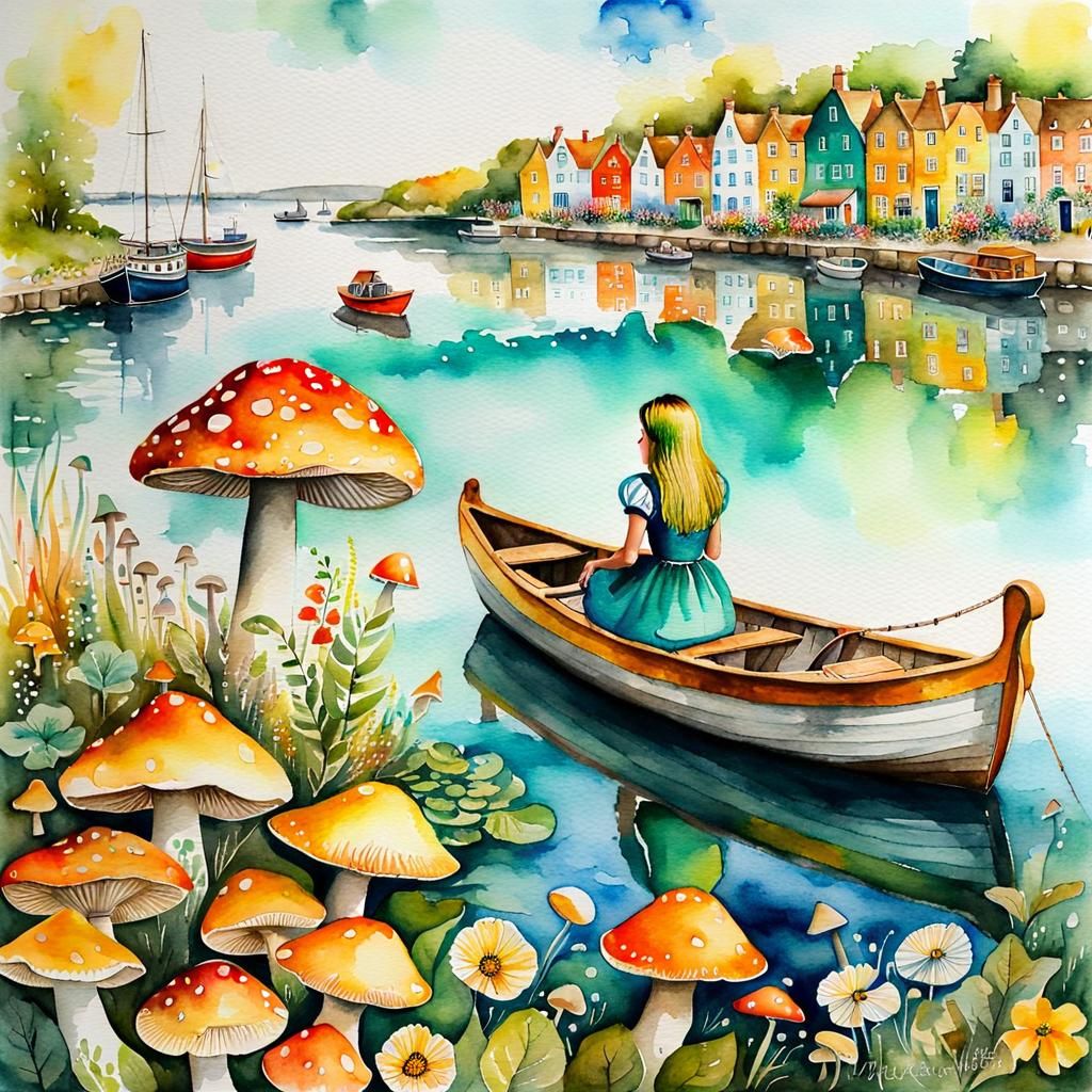 Adult Alice in Wonderland: Watercolour Harbour Scene