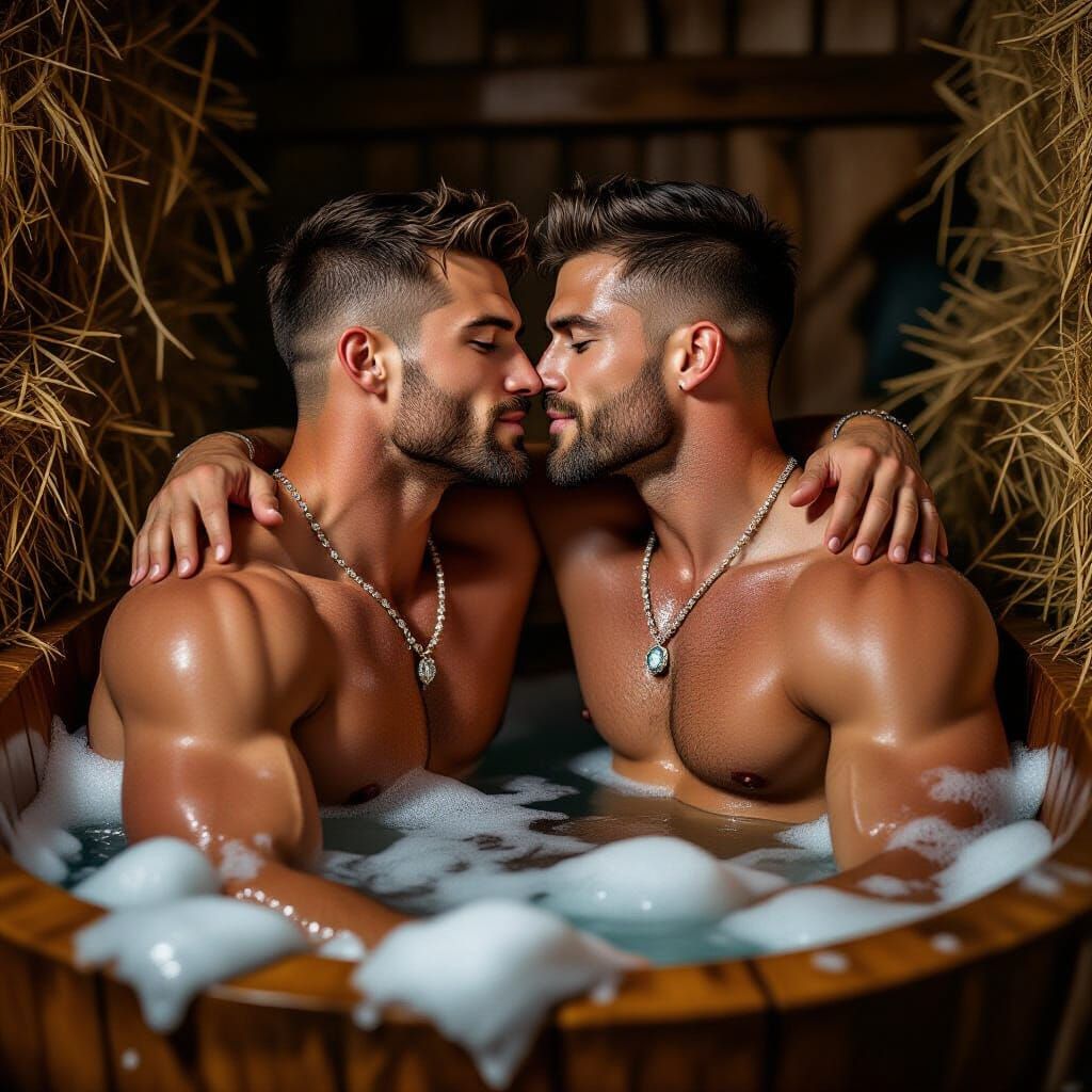 Muscular Men in Bathtub: A Photorealistic Embrace