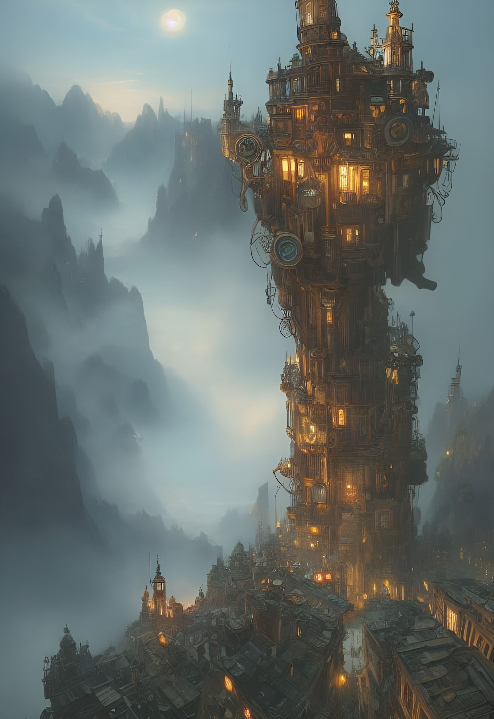 Steampunk City on Mountain Lake, Matte Painting