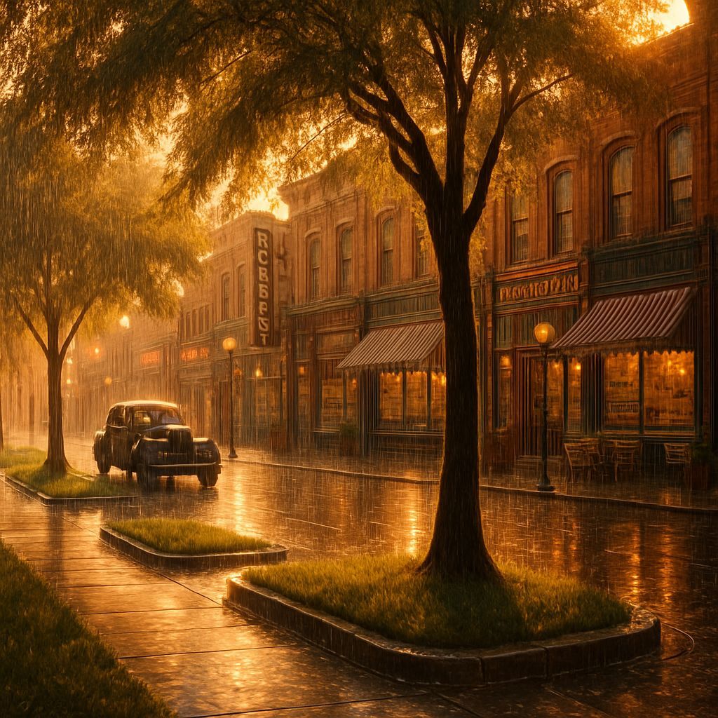 1940s Summer Rain on City Streetcorner