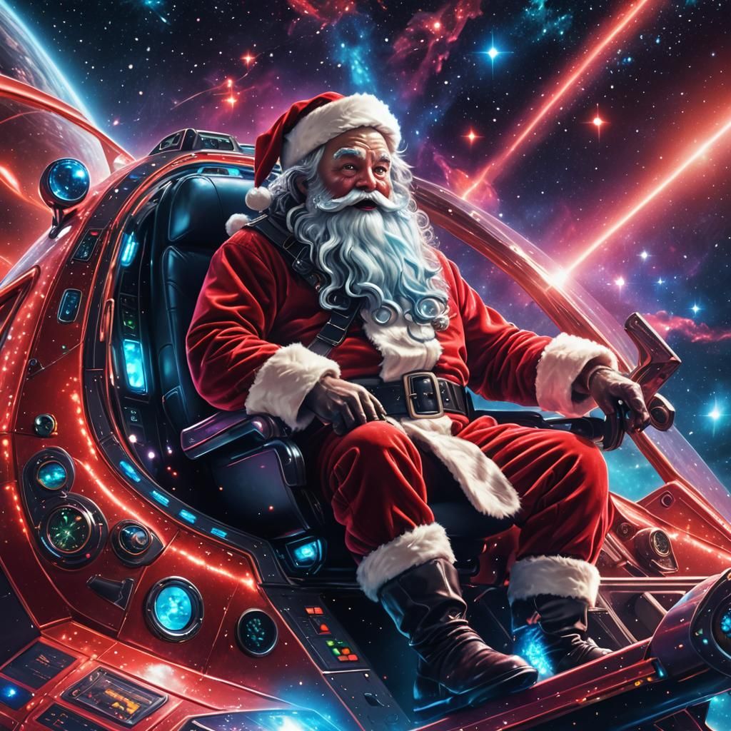 Surreal Santa Soars Through the Galaxy in a Neon-Lit Spacesh...