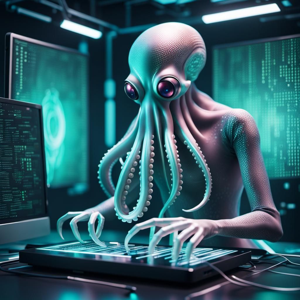 Translucent Hacker Android DJ in Matrix Hologram