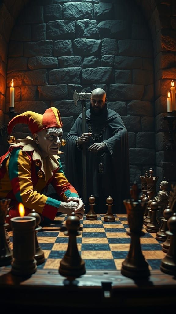 Jester's Fateful Chess Match in a Medieval Castle