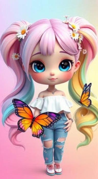 Chibi Girl with Butterflies in Anime Style