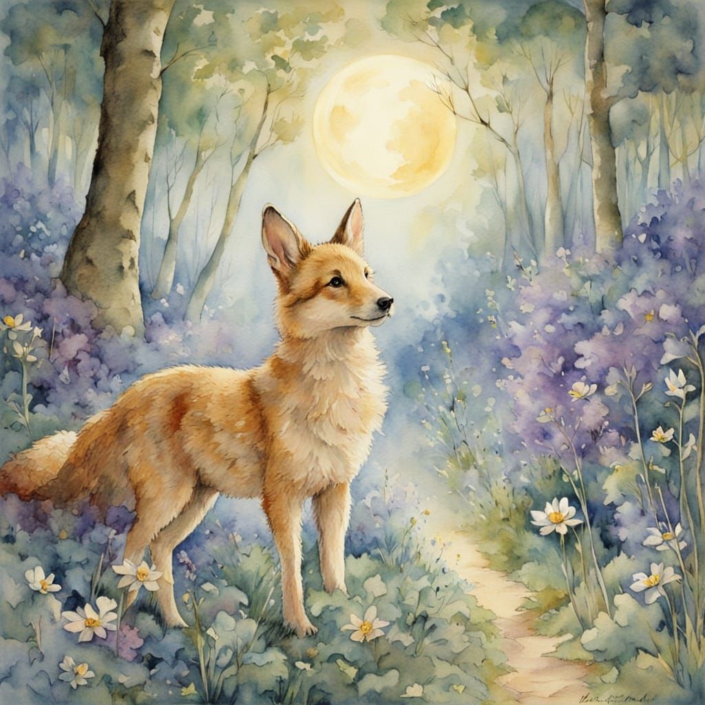 Whimsical Watercolour Poster Art with Lone Wolf in Luminous ...