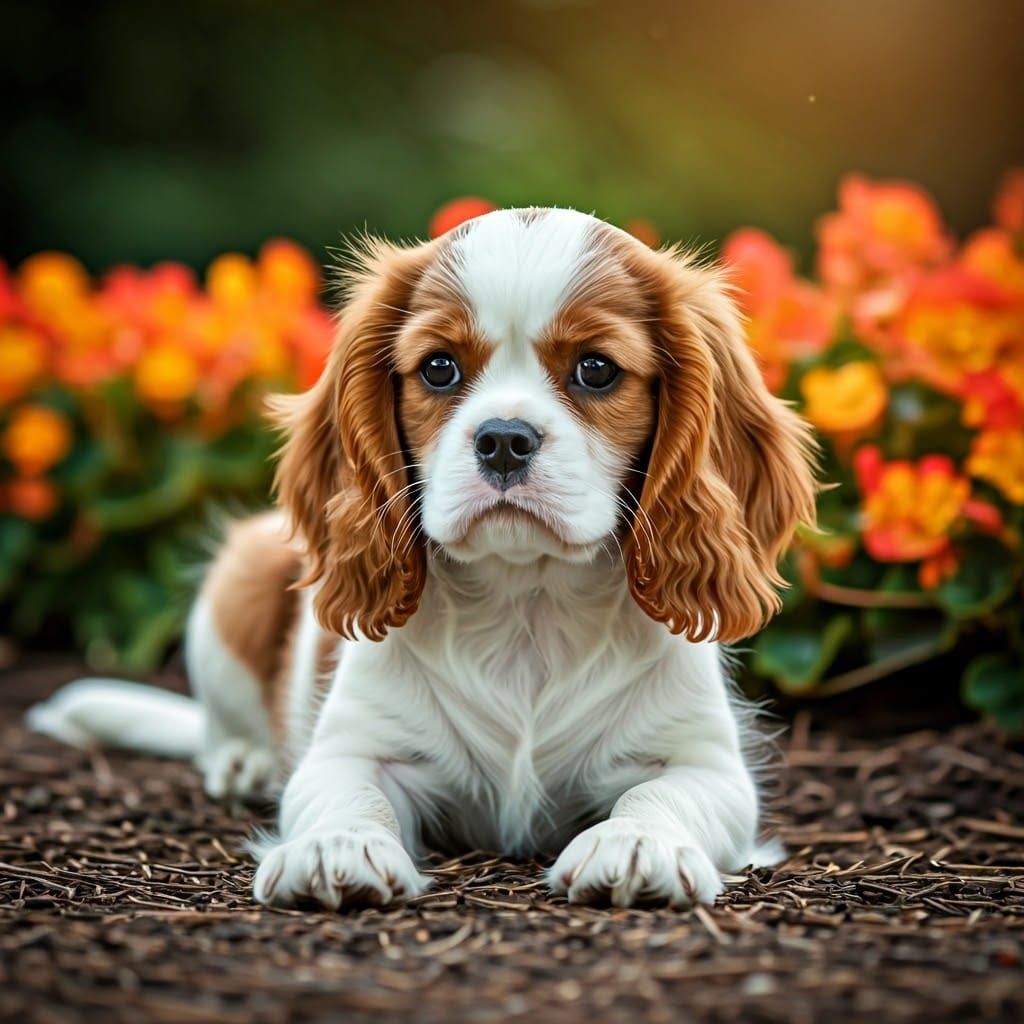 Whimsical Rural Garden Scene with Lovable Charles Spaniel