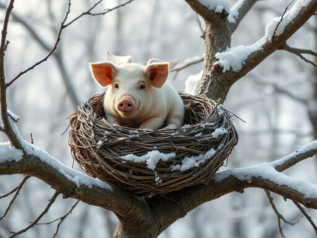 Photorealistic Miniature Pig-Bird Hybrid in Snowy Nest