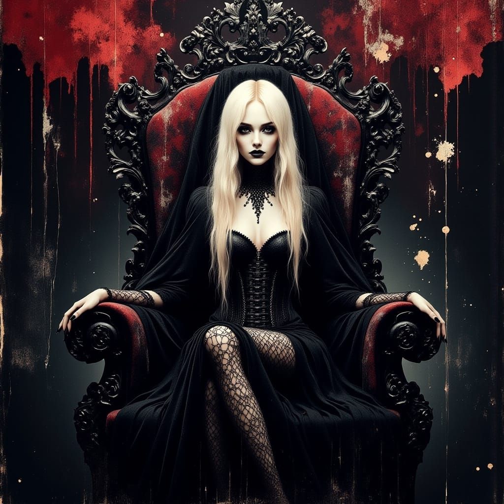 Gothic Vampire Queen on Throne in Art Nouveau Style