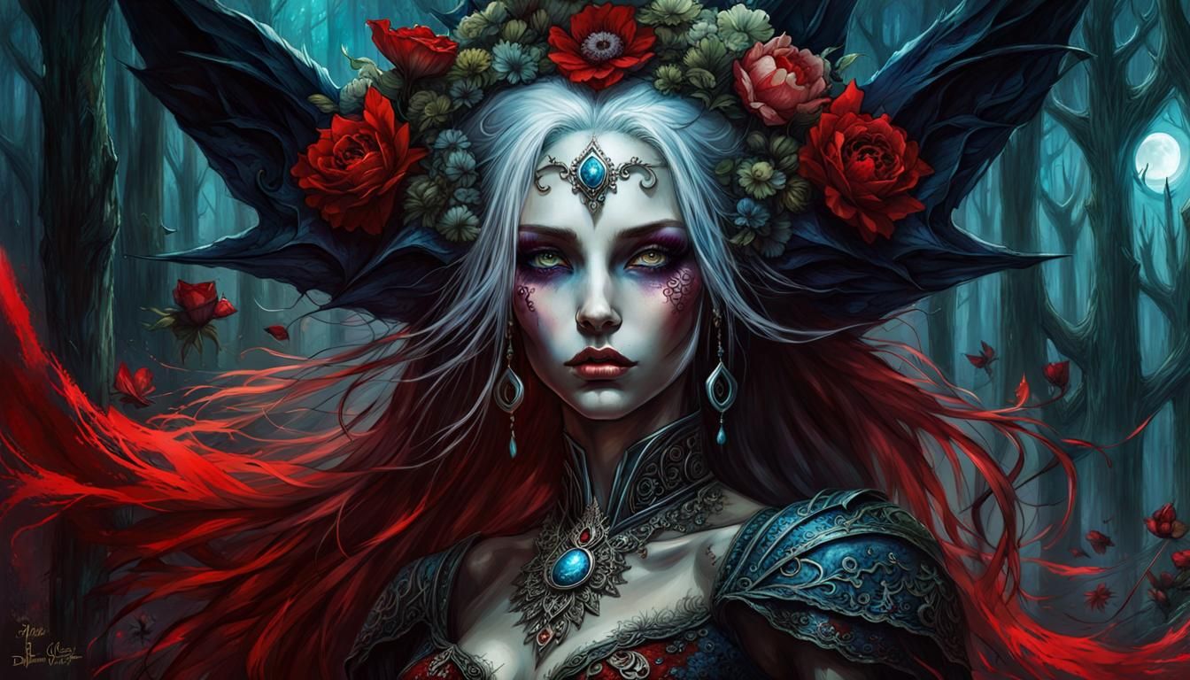 Dark Elf in Scarlet Dress with Forest City