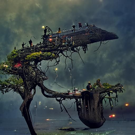 Surreal Restaurant on Giant Tree in Science Fiction Style