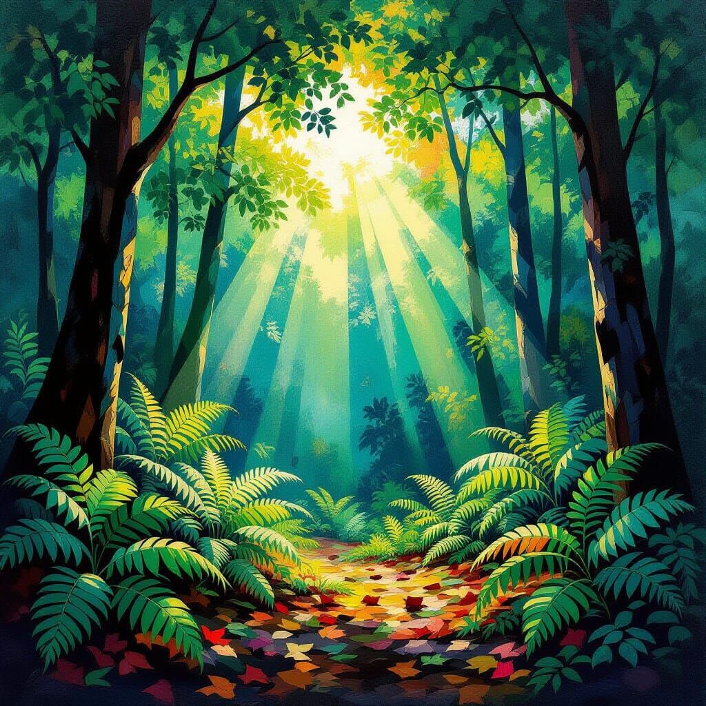 Sunburst Through Fern Canopy as Bold Abstract Art