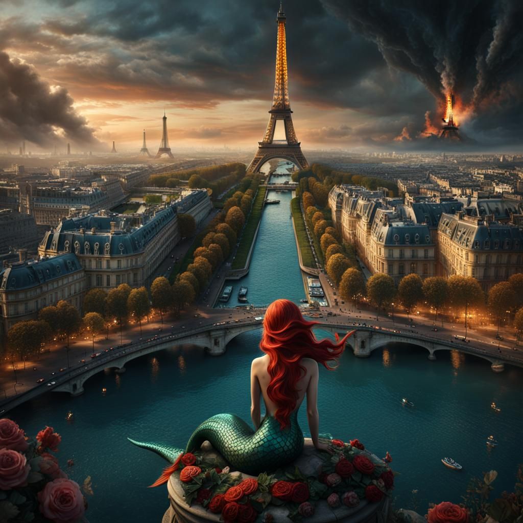 Dead Mermaid Drowning in Burning Paris, Detailed Matte Paint...