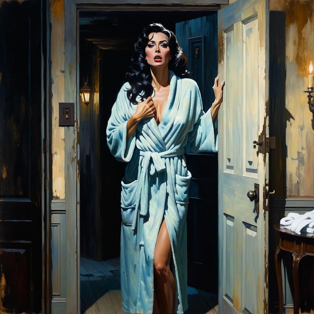 Frightened Woman in Spooky House: Impressionistic Oil Painti...