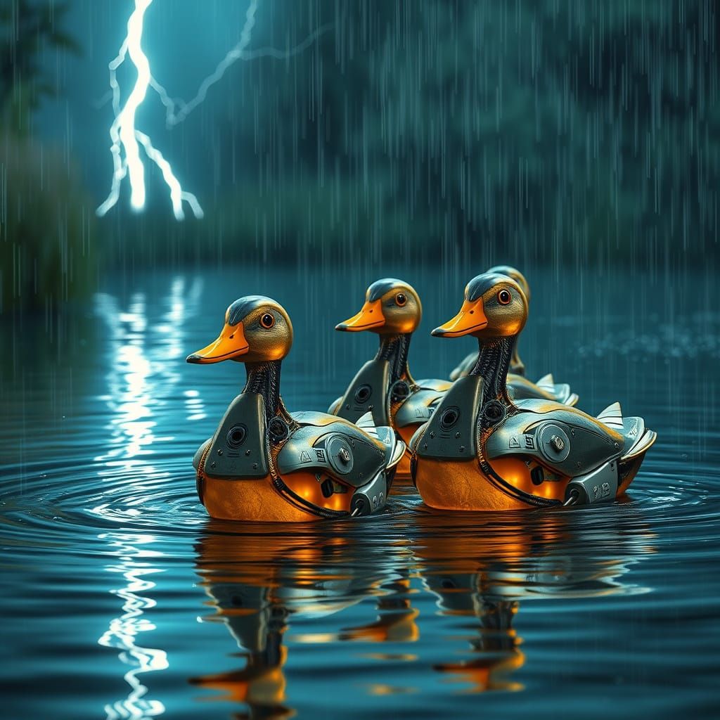 Robot Ducks Enjoying Summer Rain