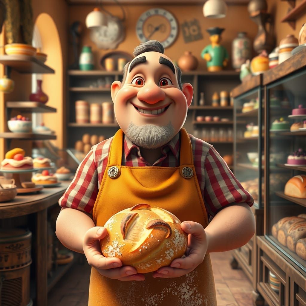 Happy Baker with Bread in Whimsical Bakery