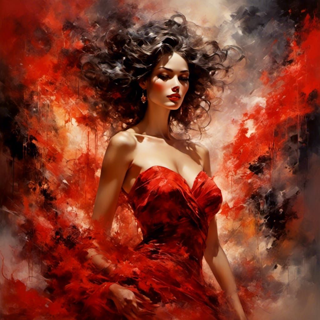 Sensual Woman in Red Smoke: Aesthetic Illustration
