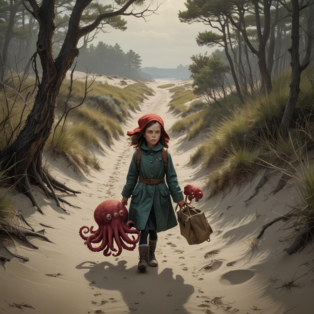 Girl with Octopus Toy on Path, Sinister Style