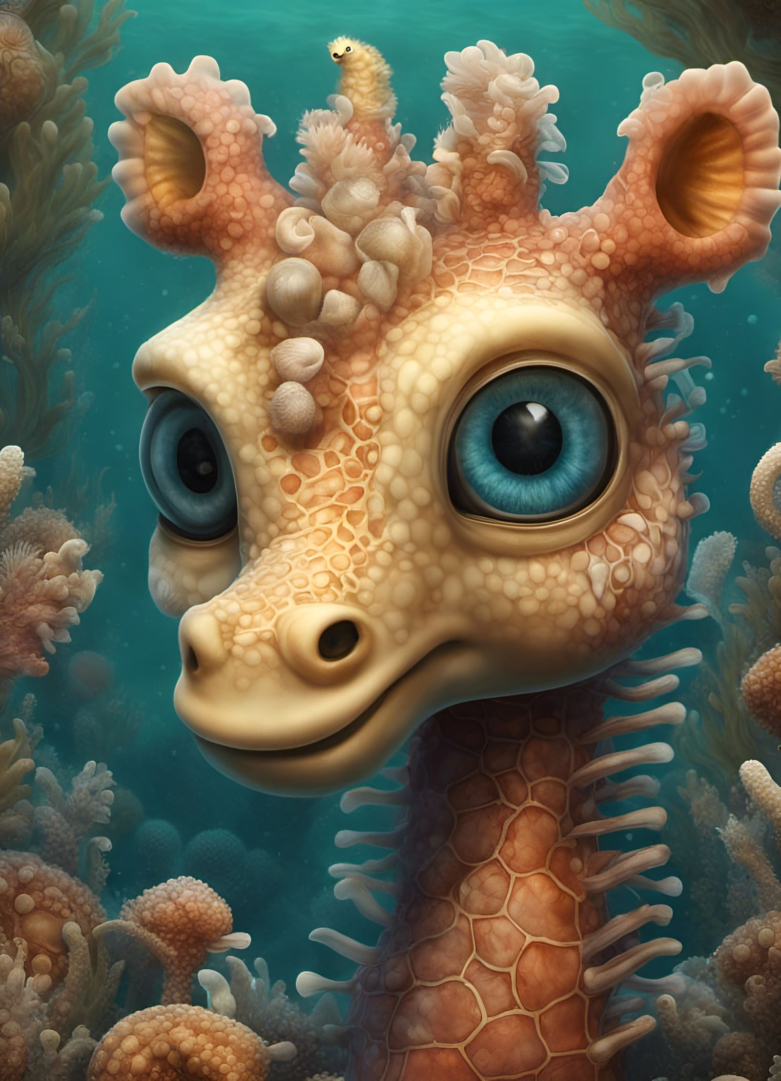 Adorable Seahorse-Giraffe Hybrid in Coral Forest