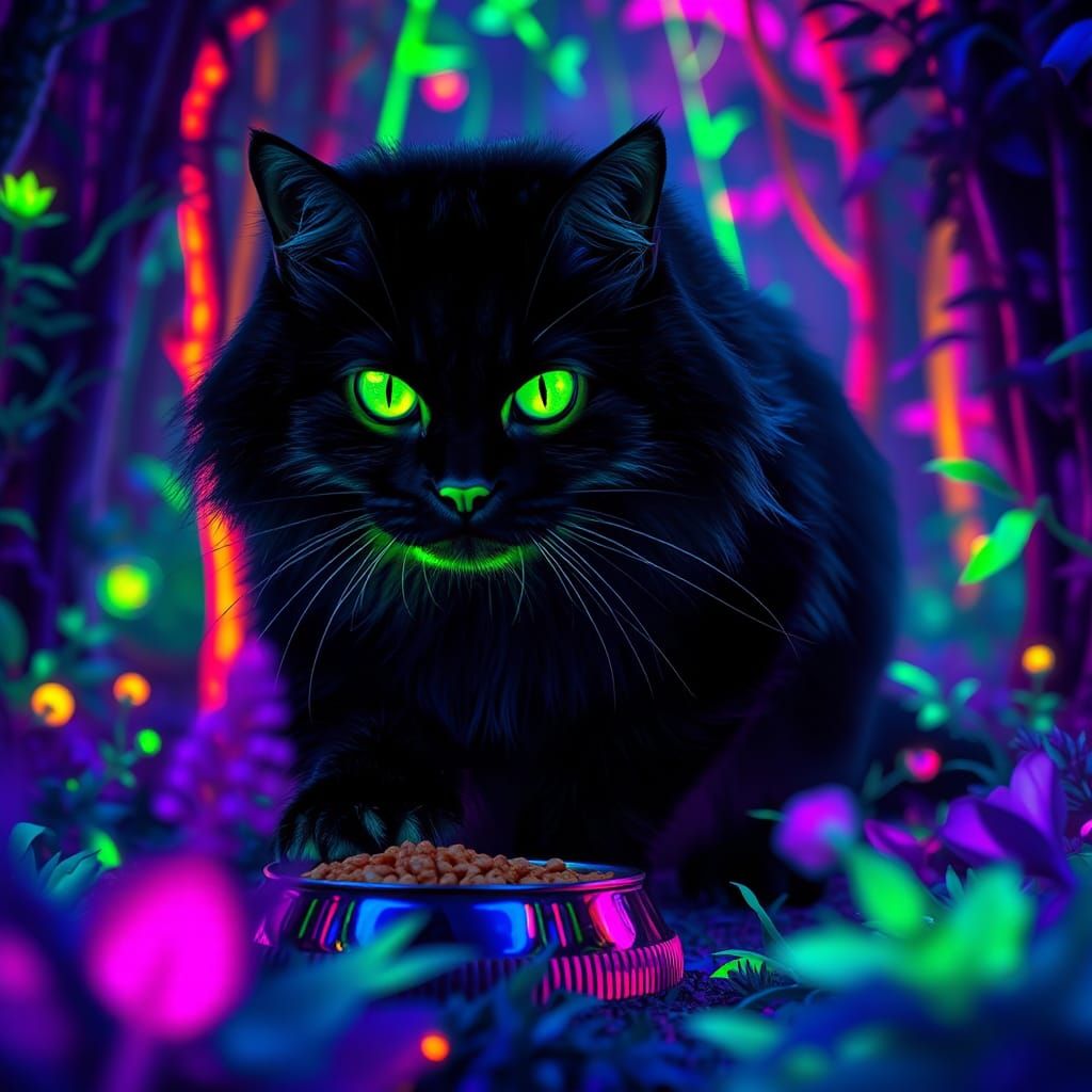 Black Cat in Fluorescent Forest, Neon Art