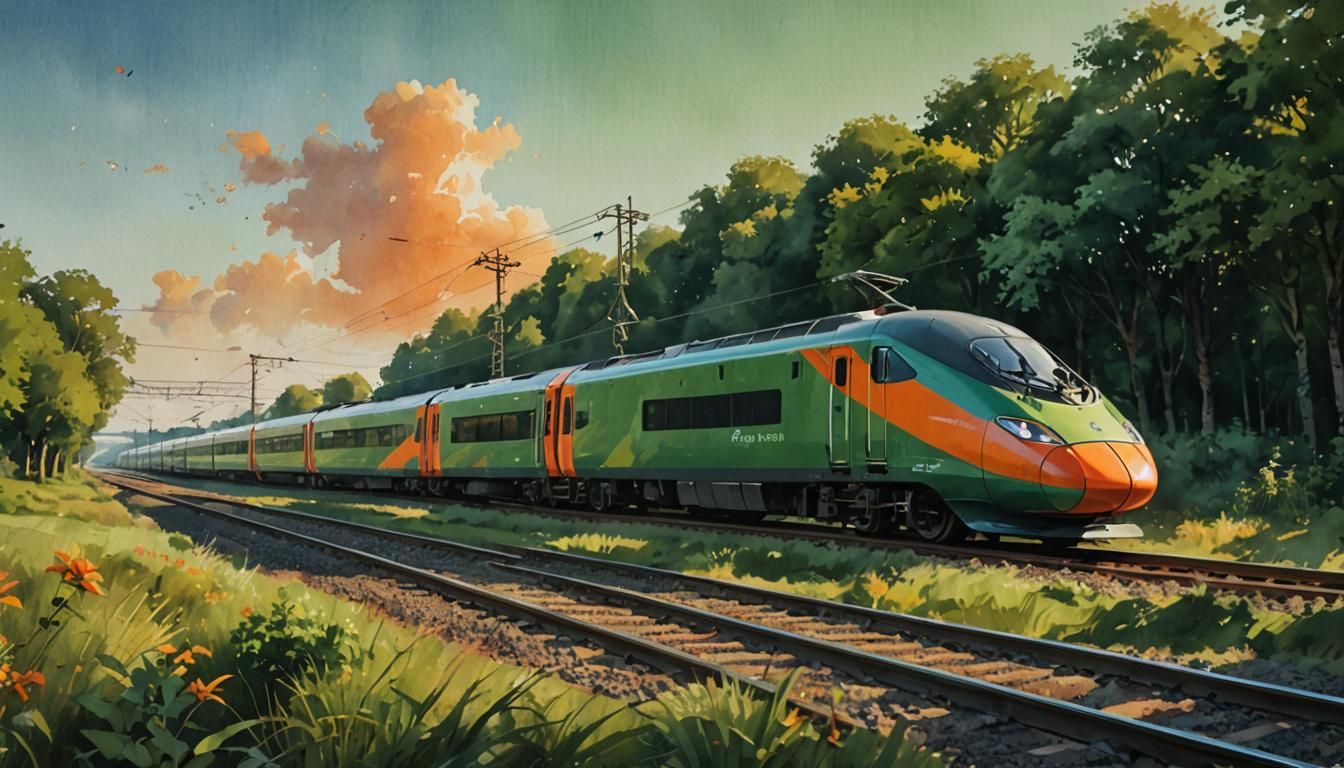 Pendolino Train in Summer Landscape Watercolour Painting