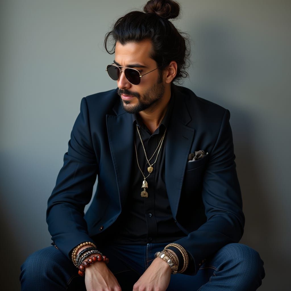 Elegant Middle Eastern Man in Dark Navy Blue Attire