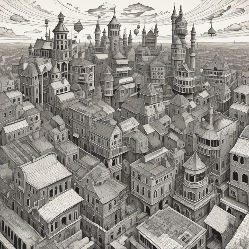 Steampunk Fantastical Cityscape in M.C. Escher Style
