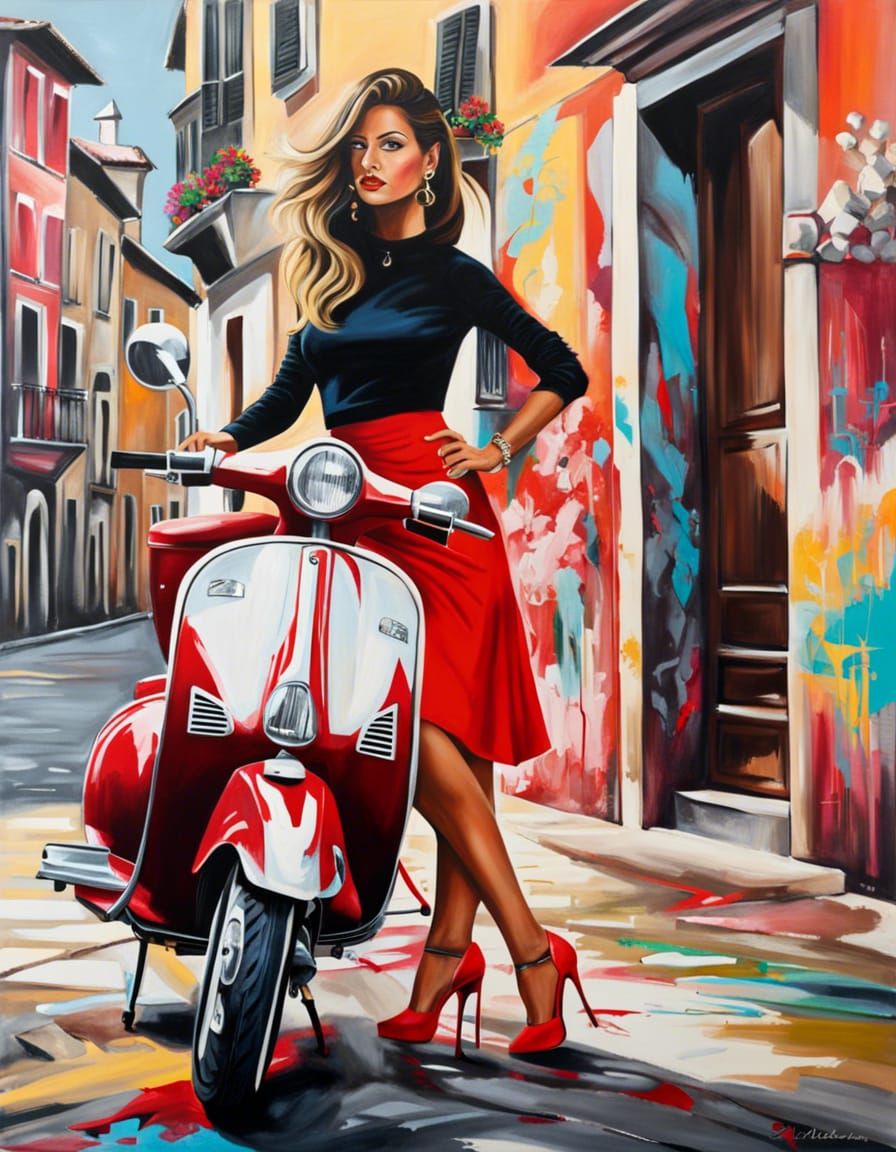 Italian Girl with Vespa in Graffiti Art Style