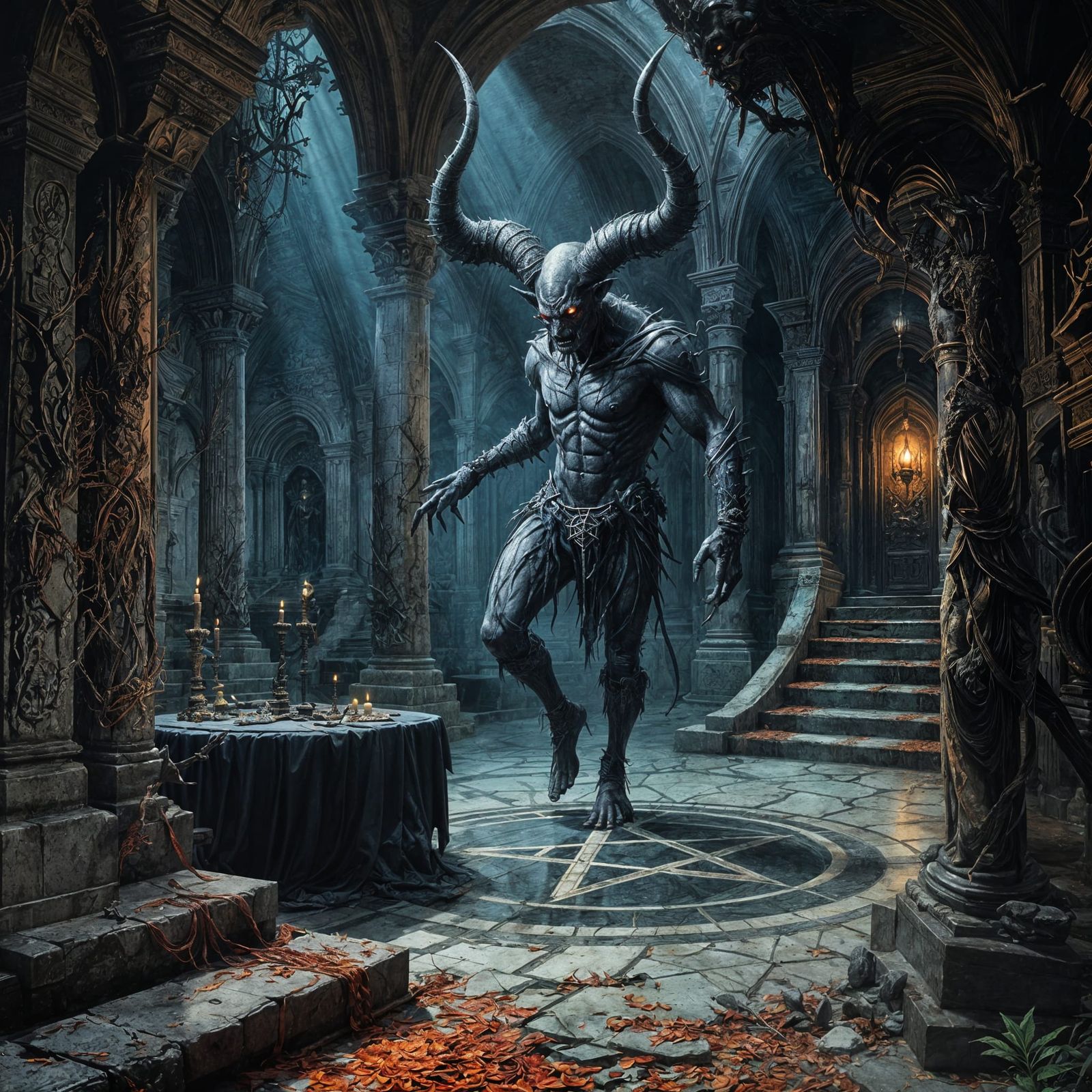 Dark Fantasy Demon Wades Through Sinister Temple