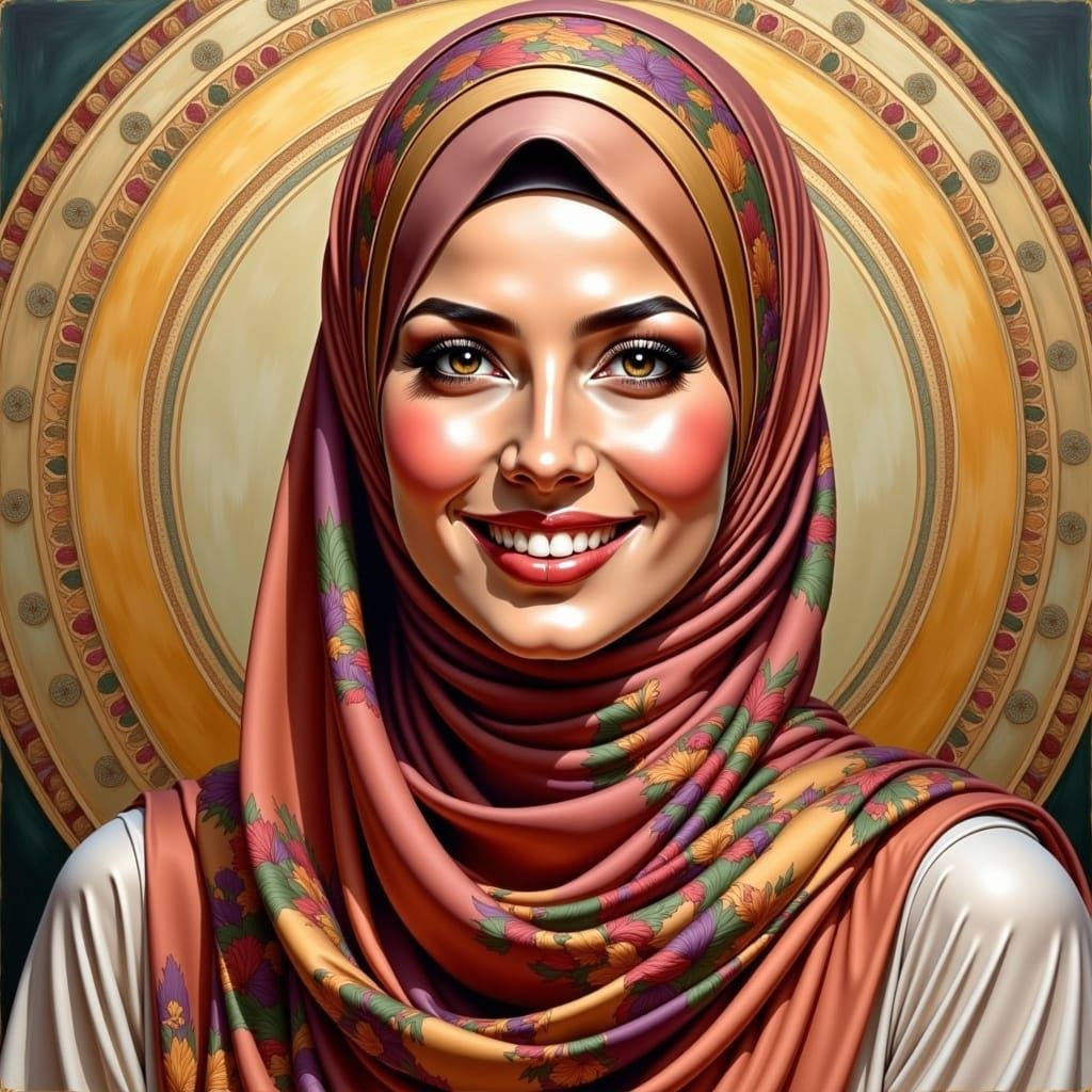 Elegant Hijabi Woman in Whimsical Art Nouveau Style