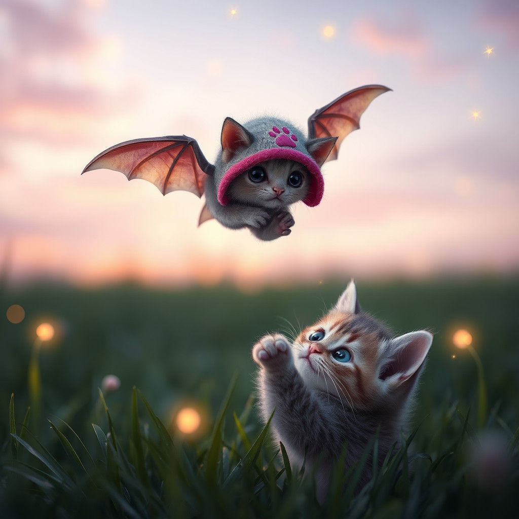 Tiny Bat Steals Kitten's Hat in Dreamy Twilight