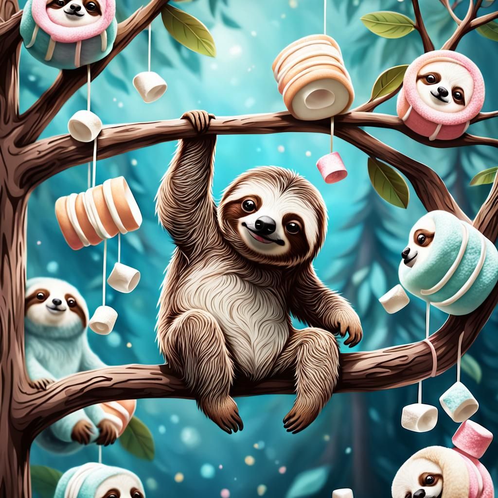 Sloth Eating Marshmallow on Whimsical Tree