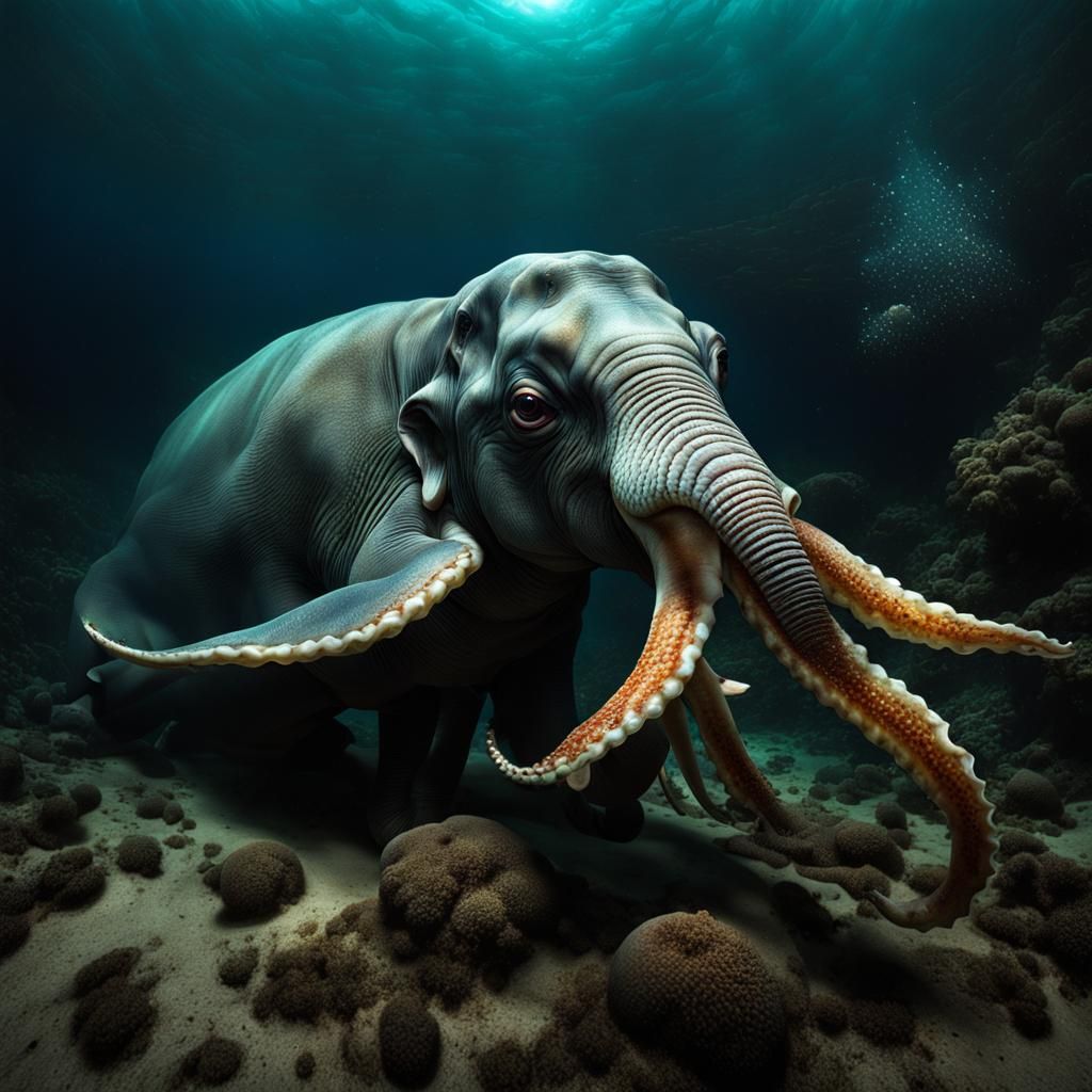 Surreal Squid-Elephant Hybrid in Dark Lab