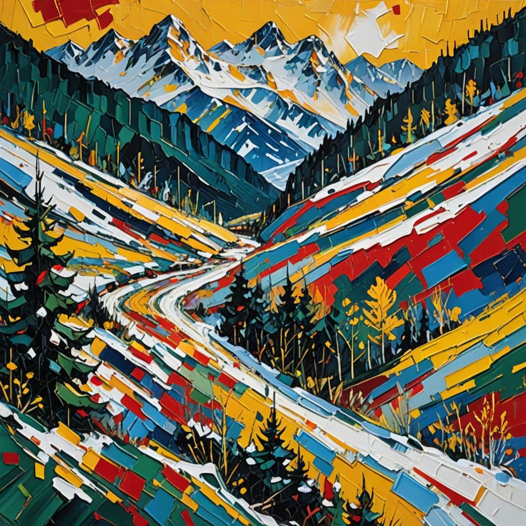 Expressionist Alpinist in Snowy Valley with Geometric Snowfl...