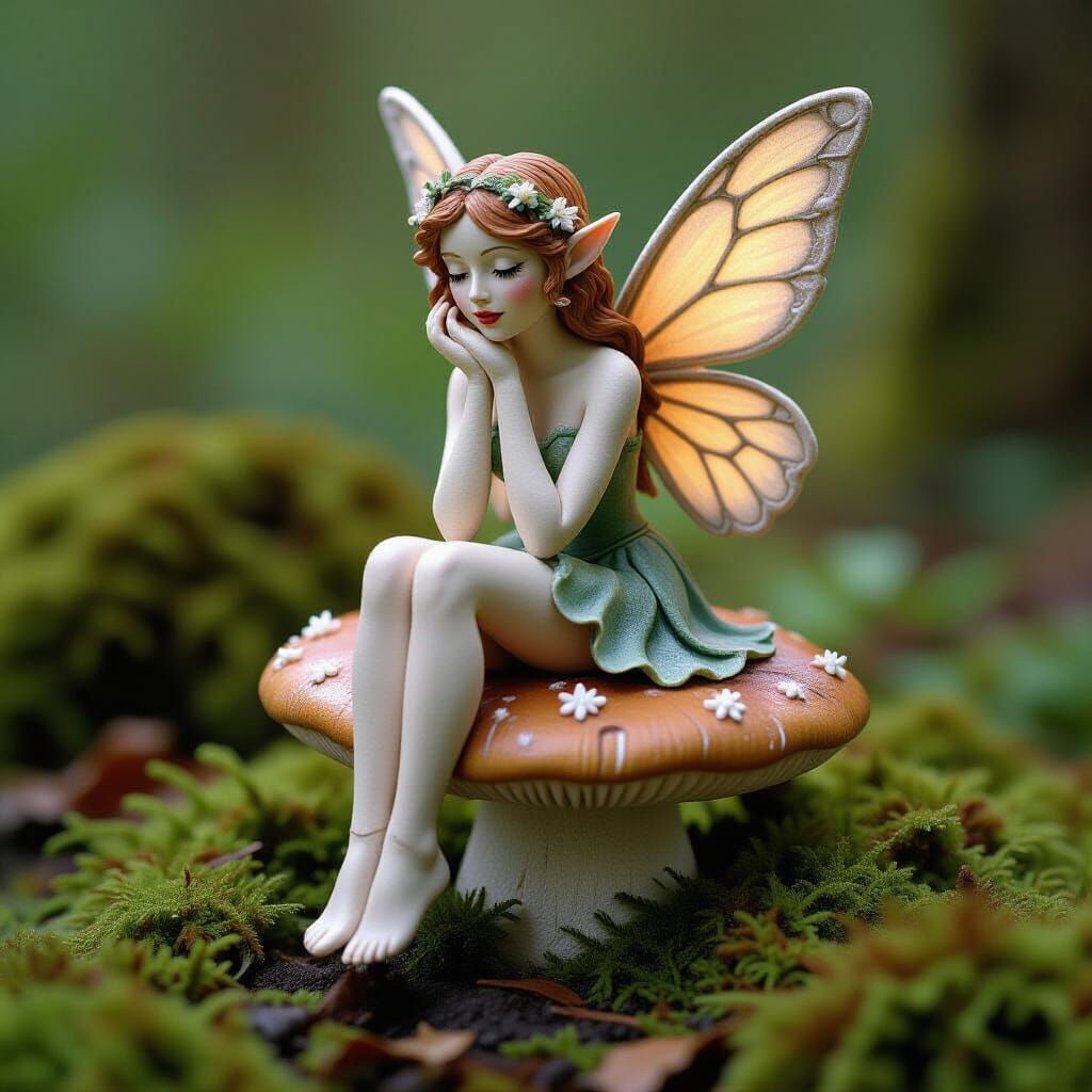 Earthy Clay Fairy Sculpture on Mushroom